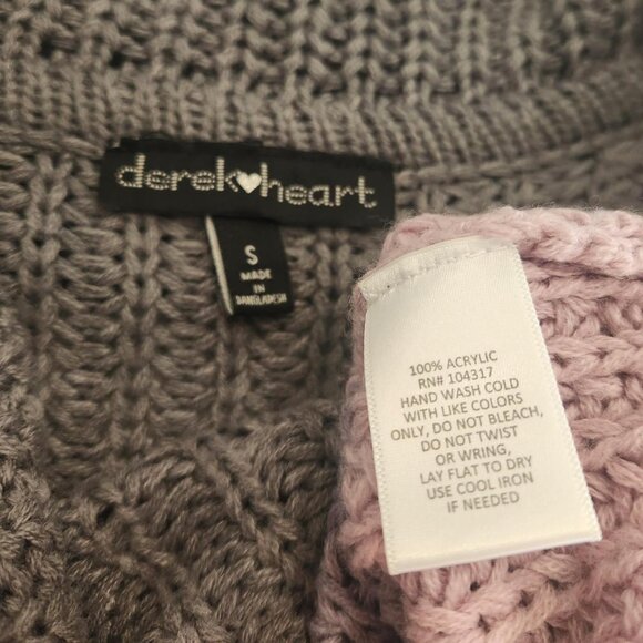 Rare Derek Heart Sz S off-shoulder Chunky Knit Sweater Pink Gray Tie Back Chic - Picture 9 of 10